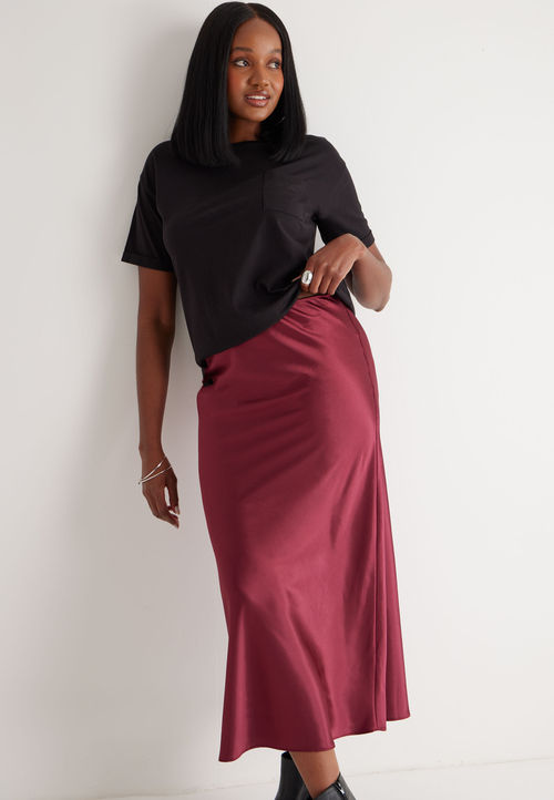 Womens Burgundy Satin Midi...