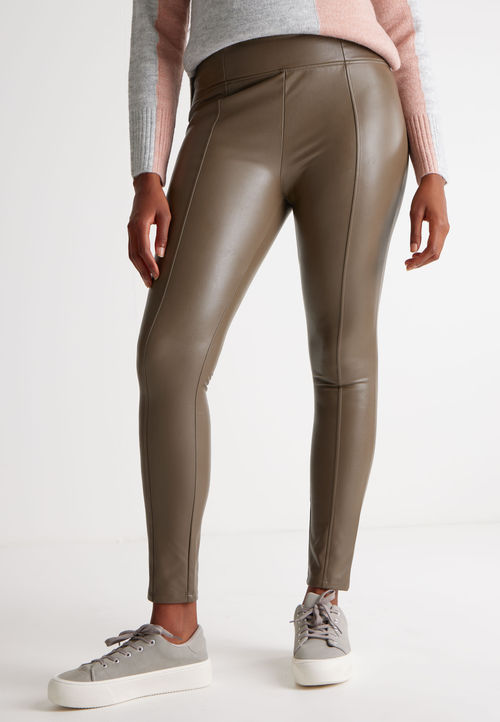 Womens Khaki PU Leggings