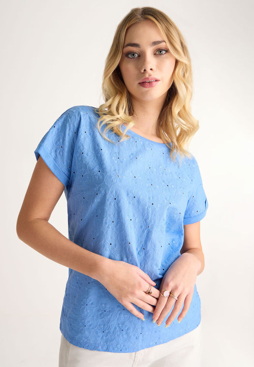 Womens Blue Broderie T-shirt