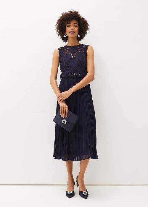 Phase Eight Tiffany Lace Pleated Midi Dress, Cobalt, 6