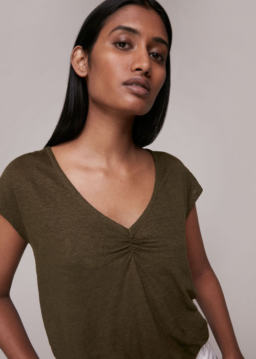 Whistles Women's Ruched V-Neck Linen Tee