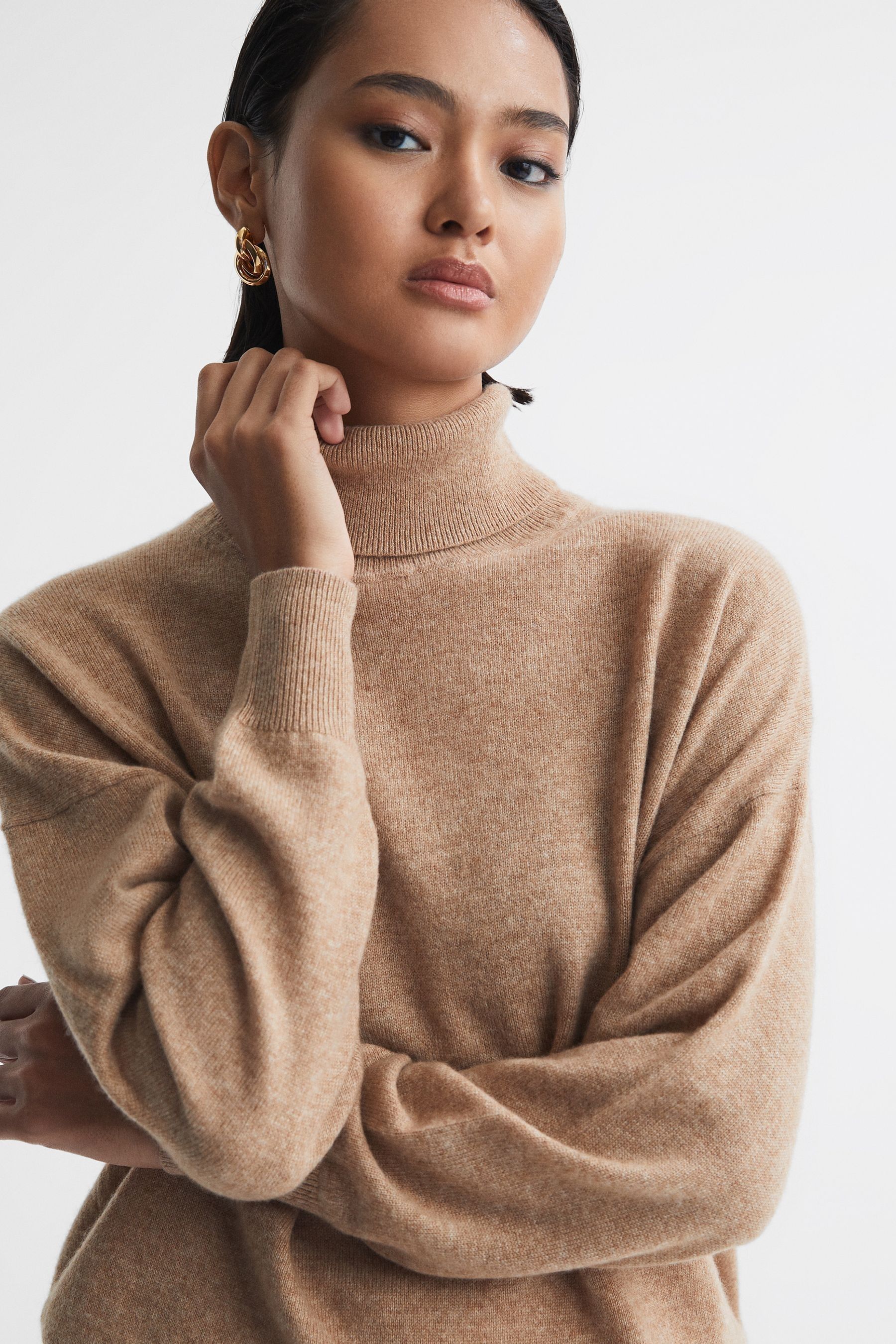 Mabel Camel Fitted Cashmere Roll Neck Top 108.00 One New Change