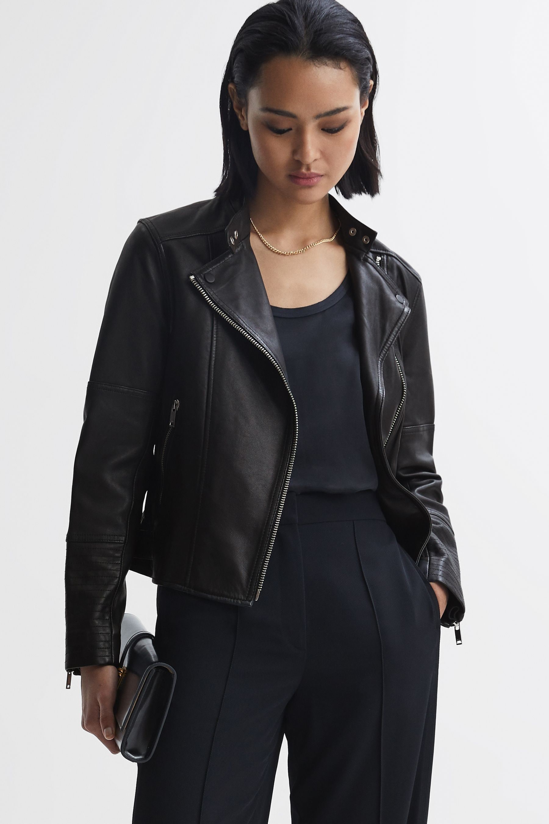 Reiss Sadie Leather Biker Jacket in Red Womens Size 12