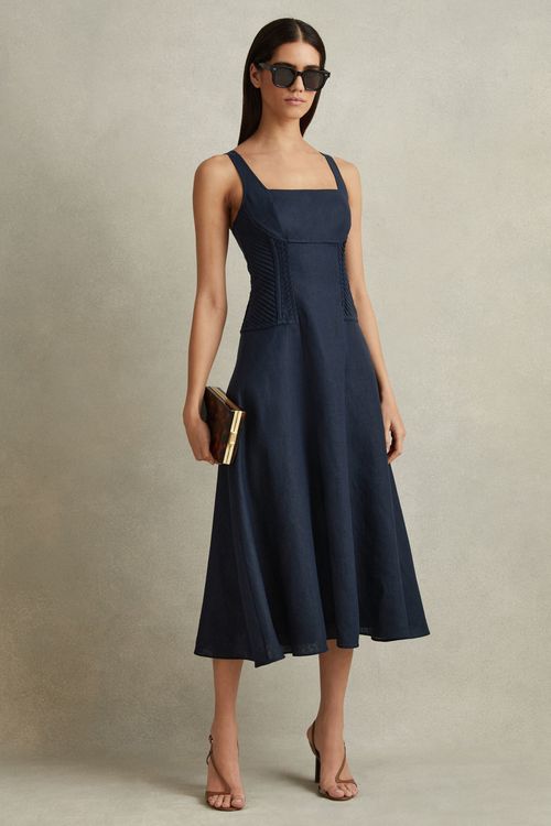 Etta - Navy Linen Corset Midi...