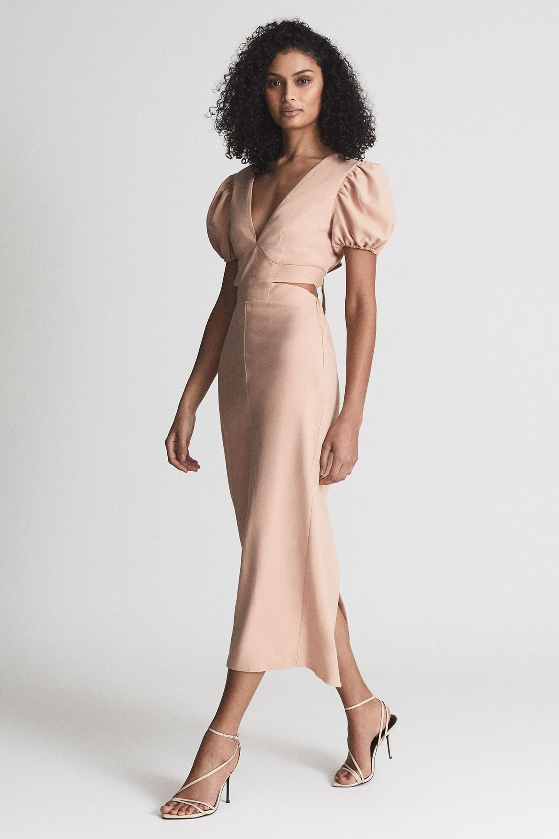 Reiss Arlo Half Sleeve Midi Dress in Light Pink Womens Size 12