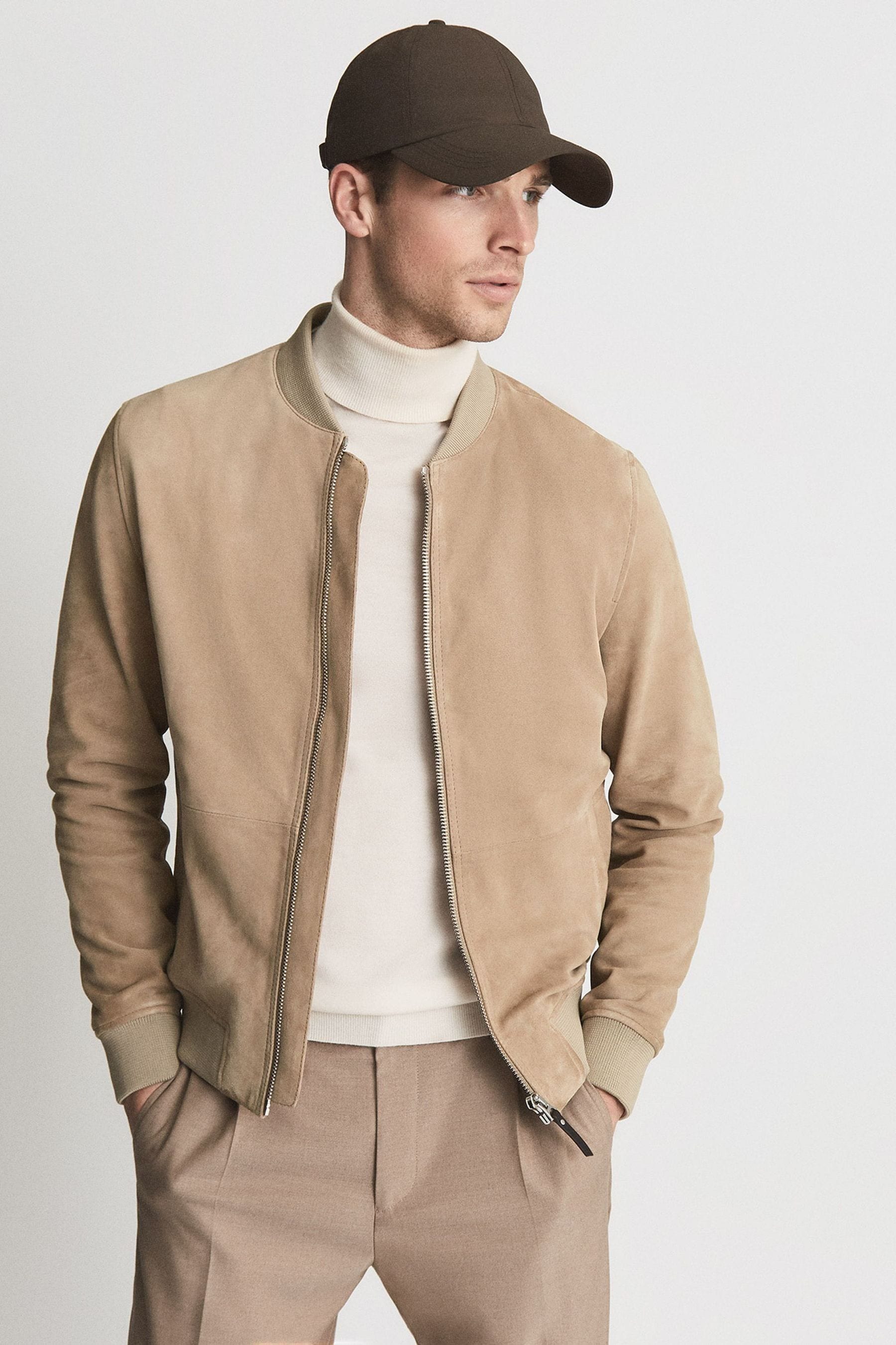 Reiss River Suede Bomber With Detachable Collar in Stone Mens