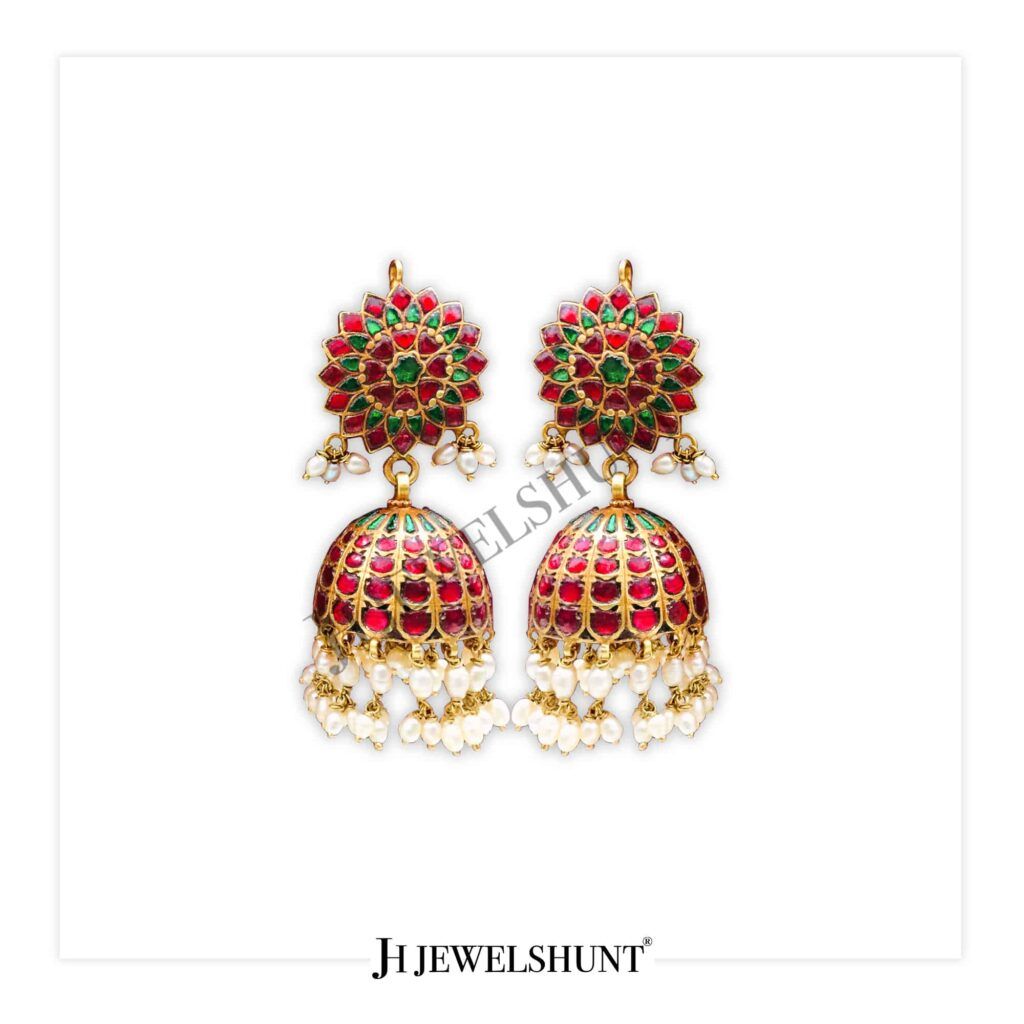 Lotus Flower Kundan Studs With Kundan Jhumka With Rice Pearls