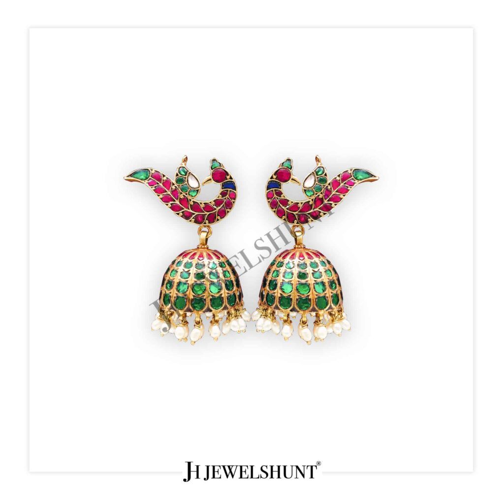 Kundan Peacock Studs With Kundan Jhumka With Rice Pearls