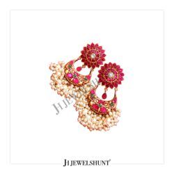 Lotus Studs wIth Hanging Nakashi Chand Bali With White Pearls