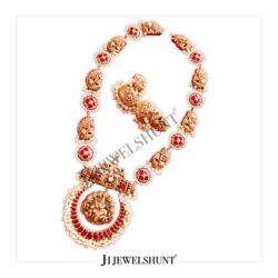 Vishnu Pendant With Hanging Kundan Moon with Nakashi Peacock Long Haram Necklace