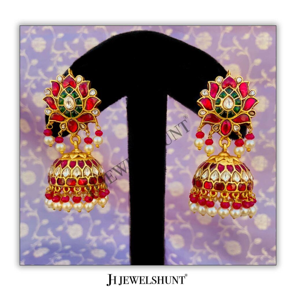Lotus Kundan Studs With Kundan Jhumka With Ruby and Pearls