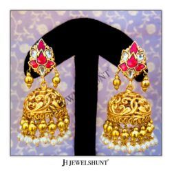 Lotus Kundan Studs With Nakashi Jhumkas With Hanging Gold Balls and Pearls