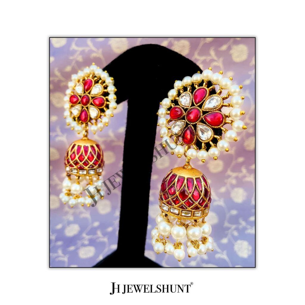 Flower Studs With Kundan Jhumka With Gold Plated - Image 2