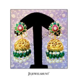 Lotus Kundan Studs With Nakashi Jhumkas With Hanging Green Beads and Pearls
