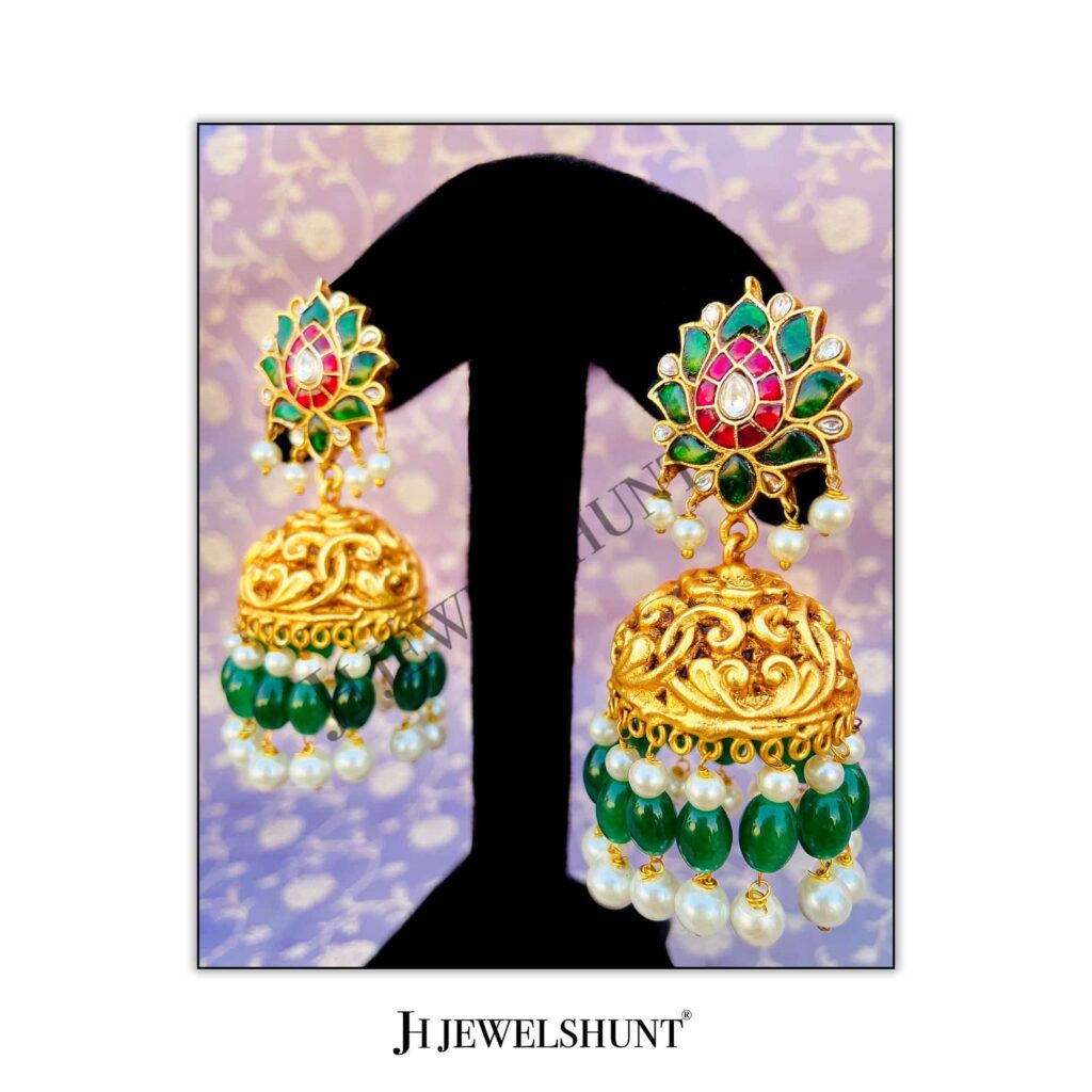 Lotus Kundan Studs With Nakashi Jhumkas With Hanging Green Beads and Pearls - Image 2