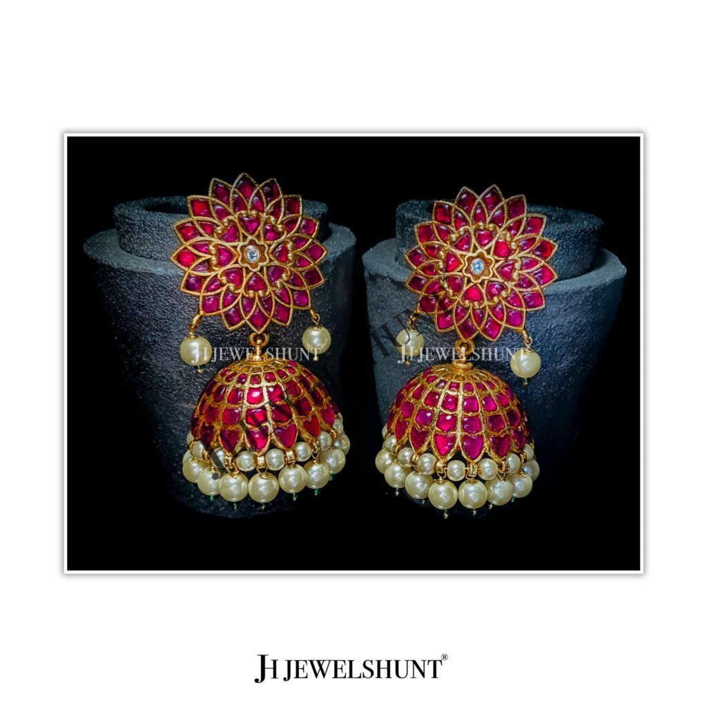 Lotus Kundan With Kundan Big Jhumka With Hanging Pearls