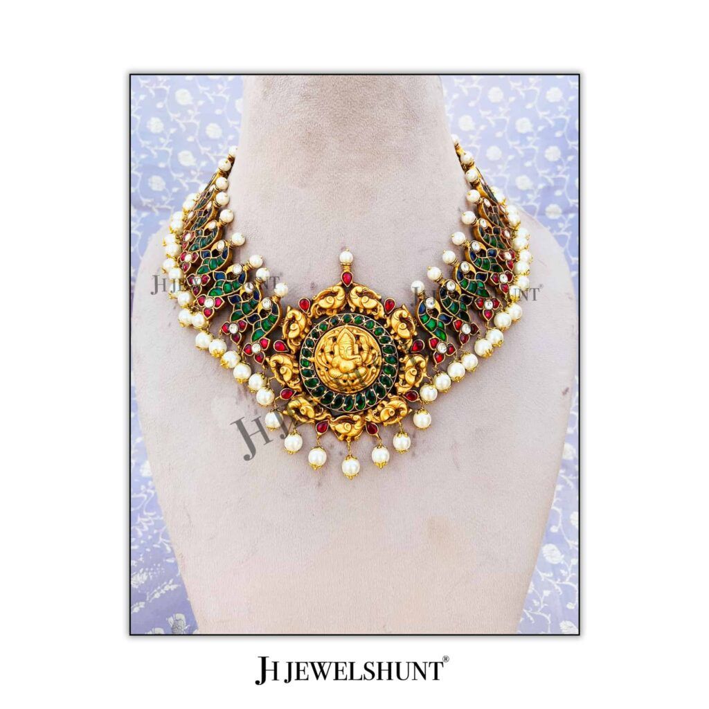 Nakashi Ganesha Pendant With Kundan Peacock With Freshwater Pearls
