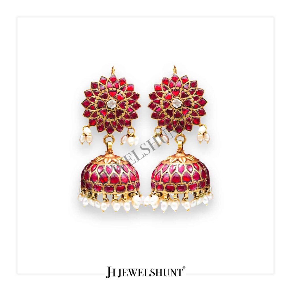 Lotus Flower Kundan Studs With Kundan Jhumka With Rice Pearls