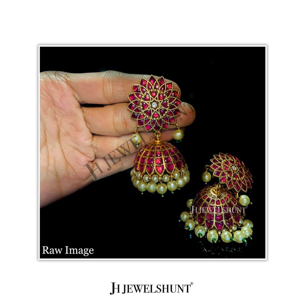 Lotus Kundan With Kundan Big Jhumka With Hanging Pearls - Image 3