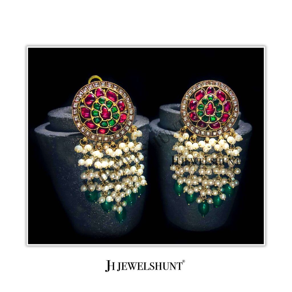 Lotus Flower Round Studs With Hanging Green Beads And Freshwater pearls