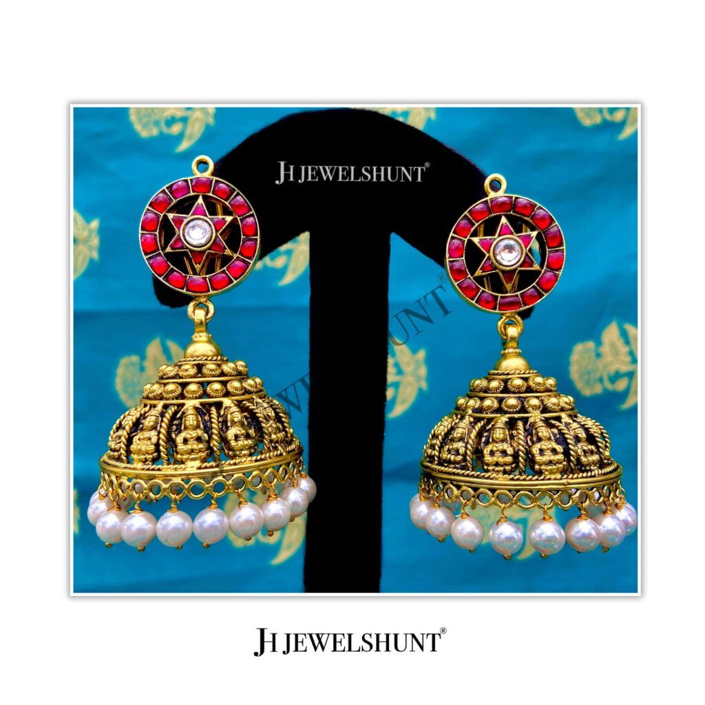 Kundan Round Studs With Nakashi Laxmi Devi Jhumka With Antique Gold Plated