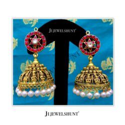 Kundan Round Studs With Nakashi Laxmi Devi Jhumka With Antique Gold Plated