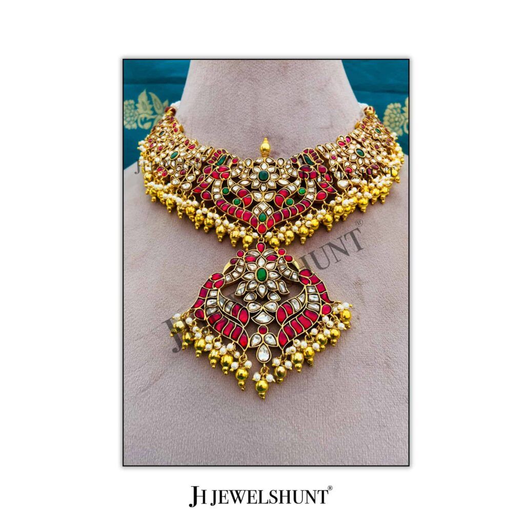 Kundan Bridal Necklace With Golden Silver Balls With Freshwater Pearls With Micron Gold Plated With Earrings With Jhumka - Image 2