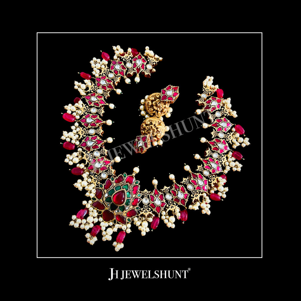 Lotus Pendant With Ruby Colour Kundan Necklace With freshwater pearls