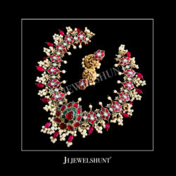 Lotus Pendant With Ruby Colour Kundan Necklace With freshwater pearls