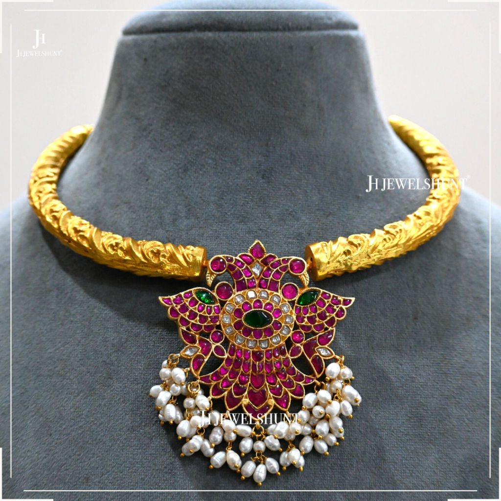 Kundan Jadau Eagle Pendant With Nakashi Handmade Hasli