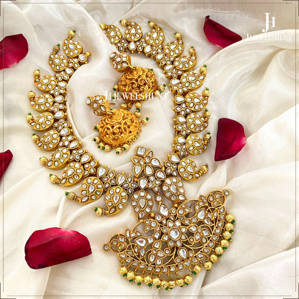 Exclusive White Kundan Jadau Long Mango Haram With Earrings
