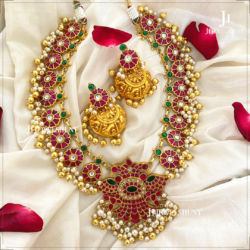 Kundan jadau eagle pendant flowers necklace with flowers studs with nakashi jhumkas