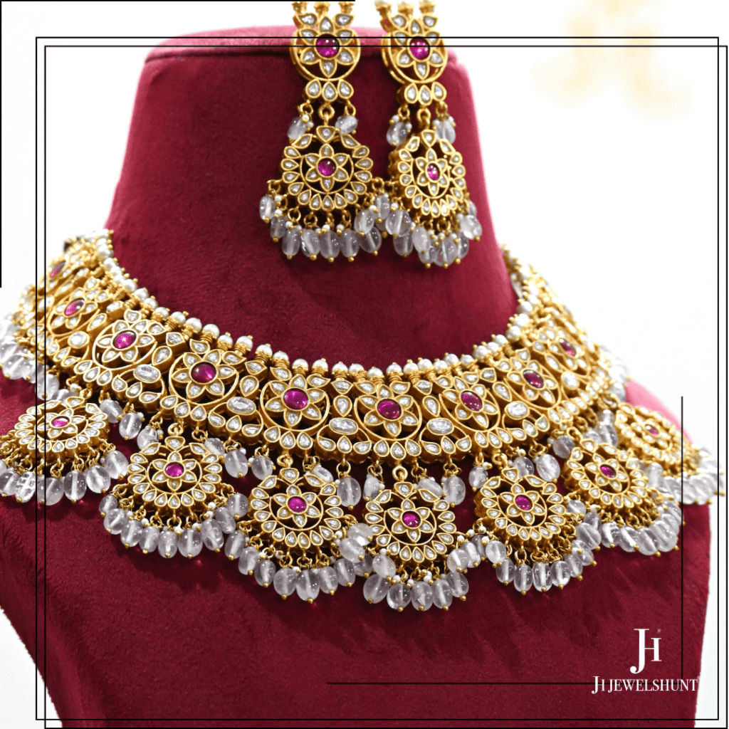 White Kundan Jadau Bridal Necklace With Earring with Rose quartz beads