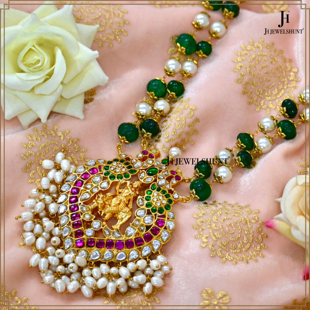 Exclusive Kundan Jadau Krishna Peacock pendant With Pumpkin beads chain