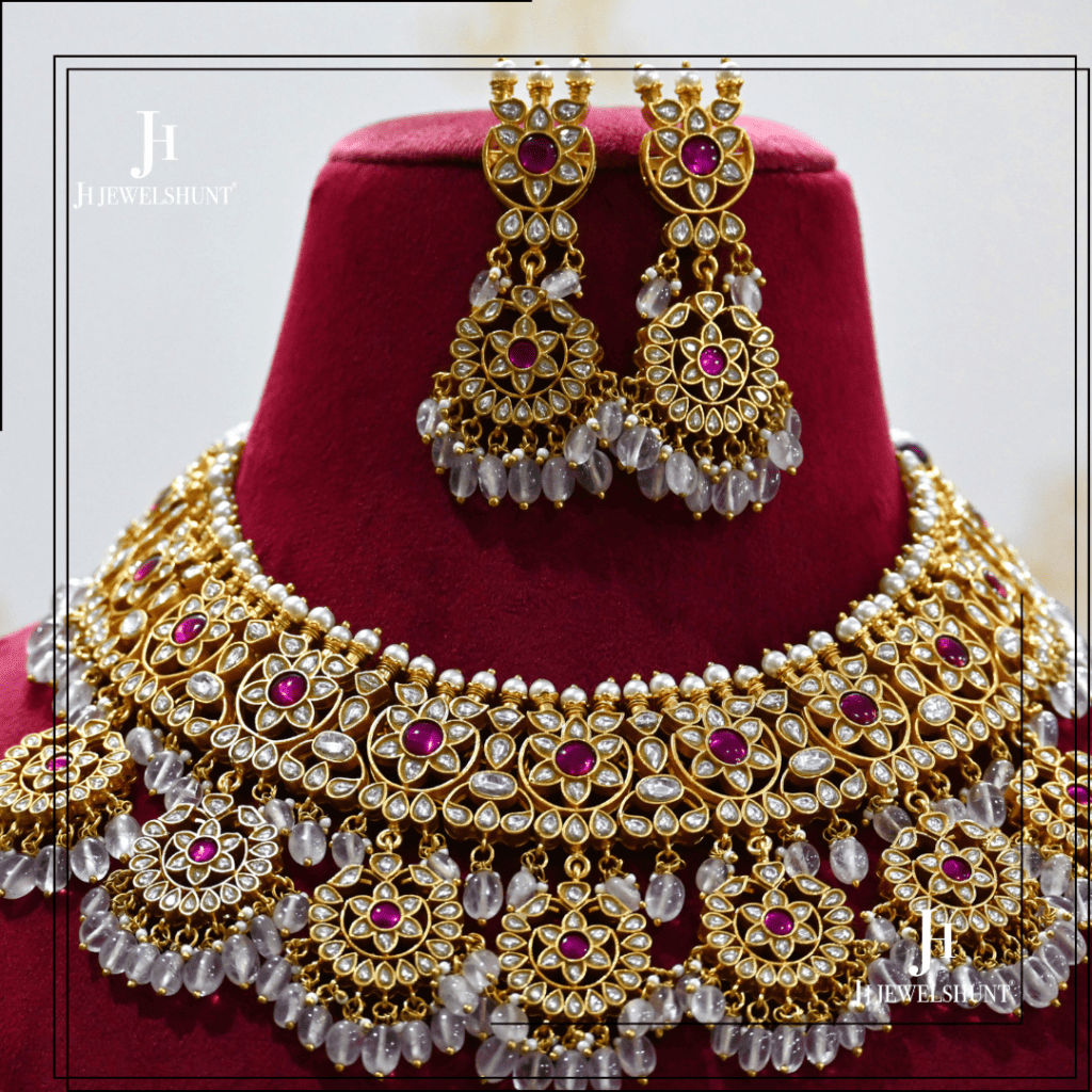 White Kundan Jadau Bridal Necklace With Earring with Rose quartz beads - Image 2