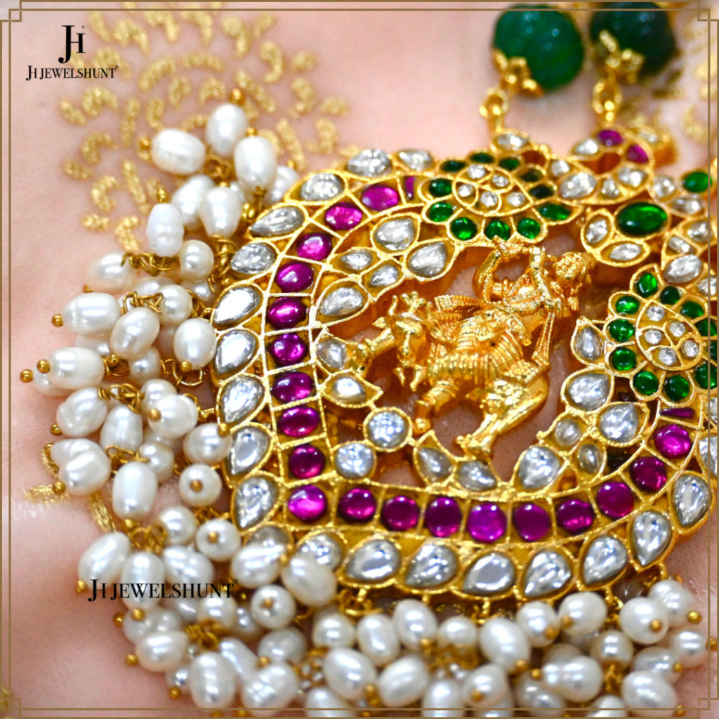 Exclusive Kundan Jadau Krishna Peacock pendant With Pumpkin beads chain - Image 2