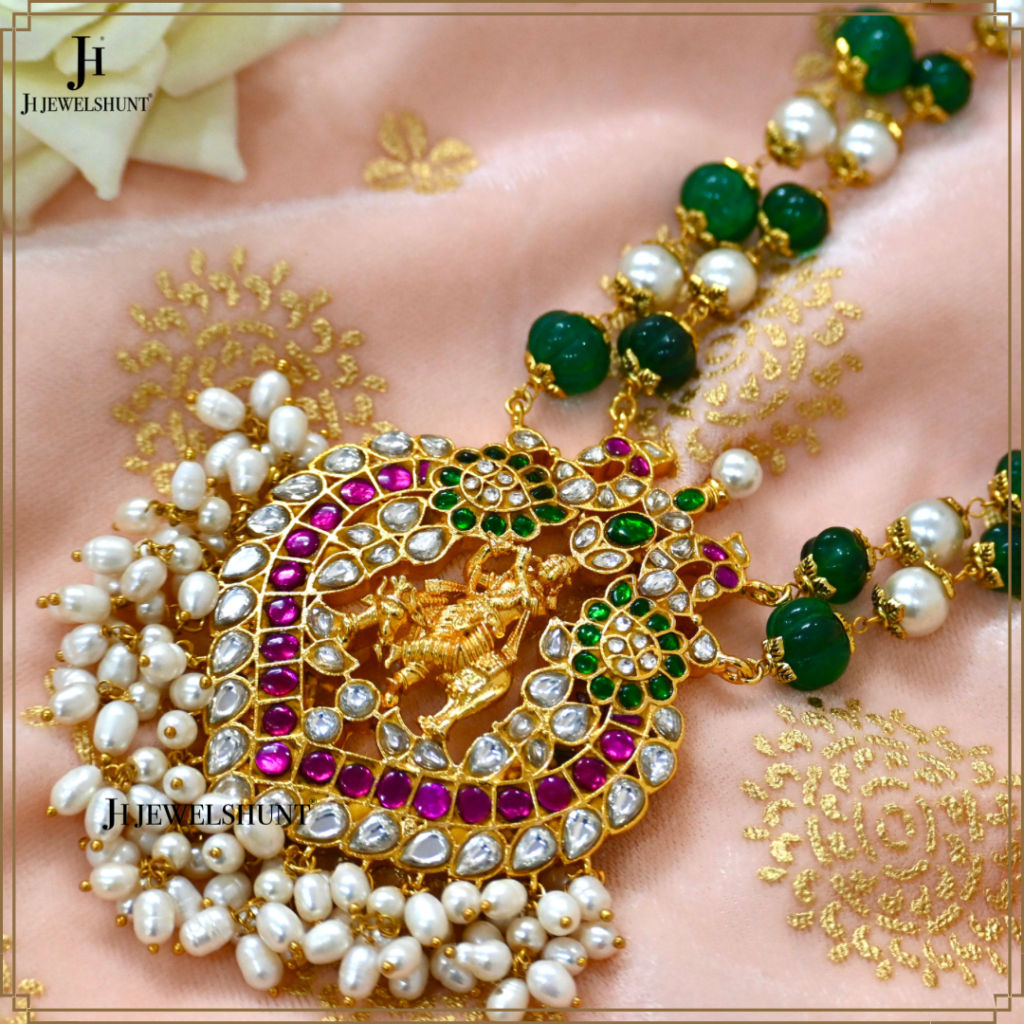 Exclusive Kundan Jadau Krishna Peacock pendant With Pumpkin beads chain - Image 3
