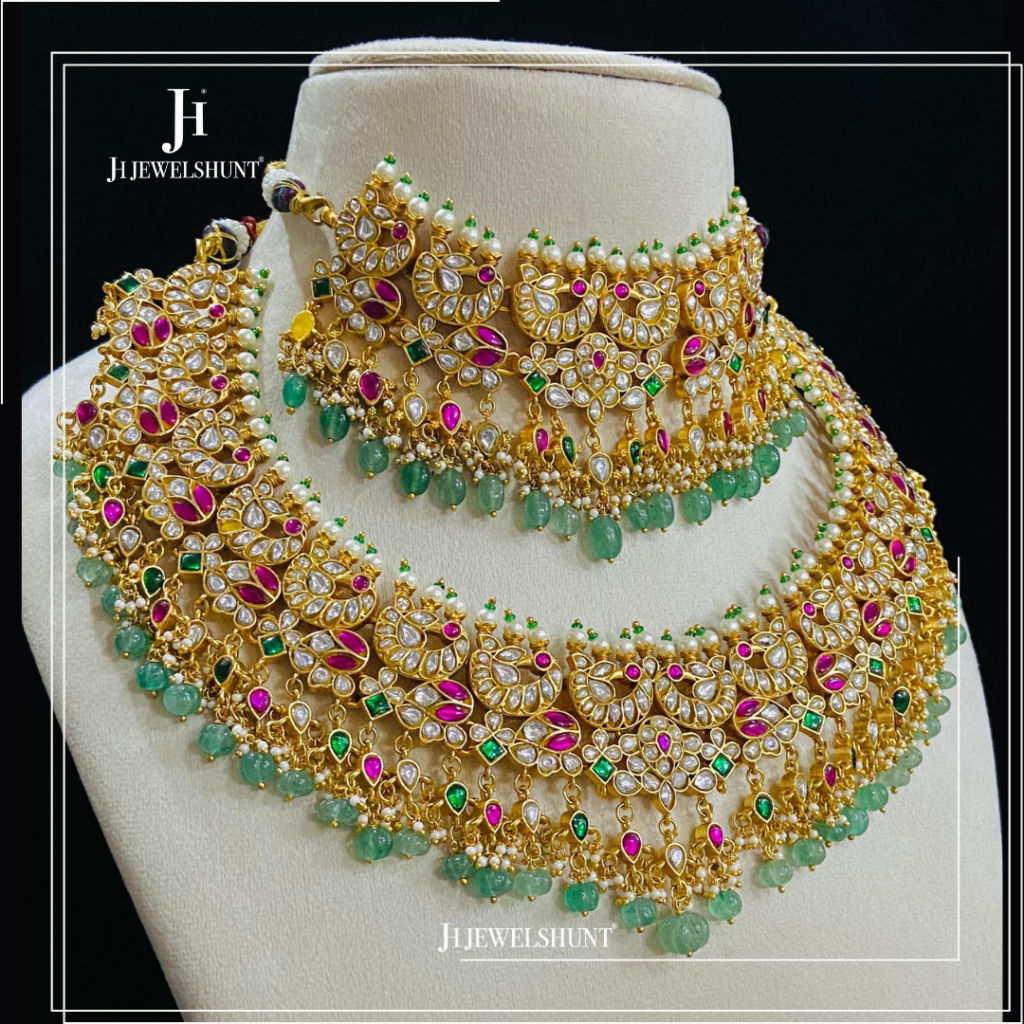 Kundan jadau Birdal necklace with chokar with earrings - Image 2