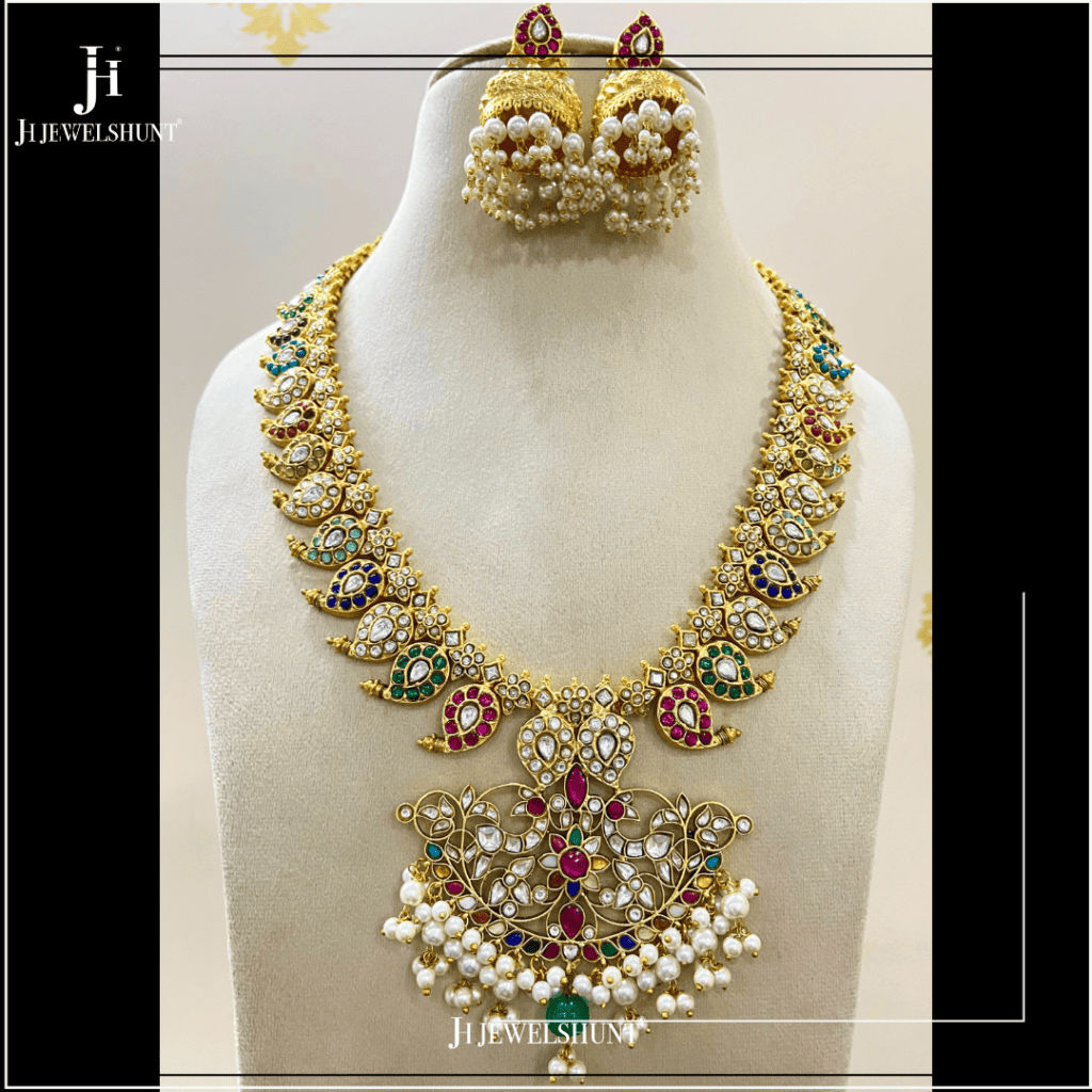 Kundan jadau navratana mango haram with earrings