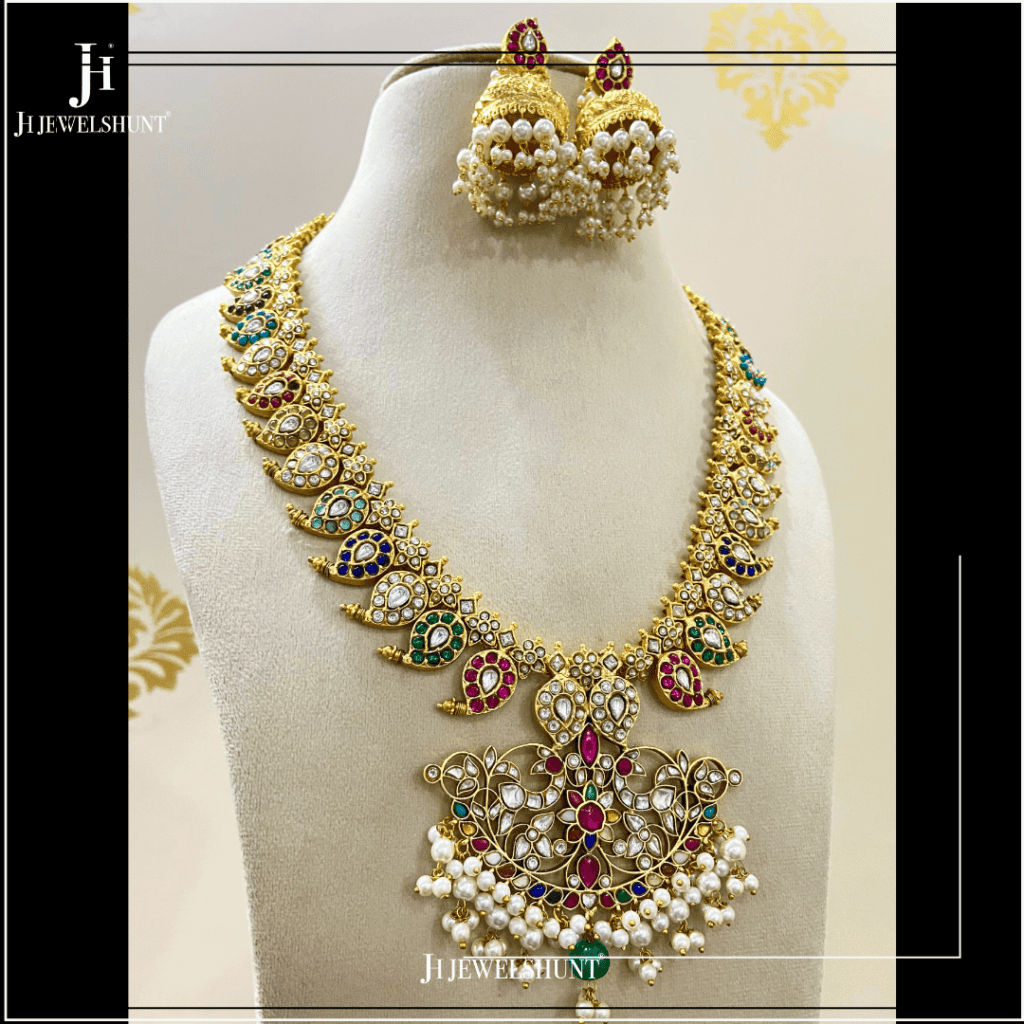 Kundan jadau navratana mango haram with earrings - Image 2
