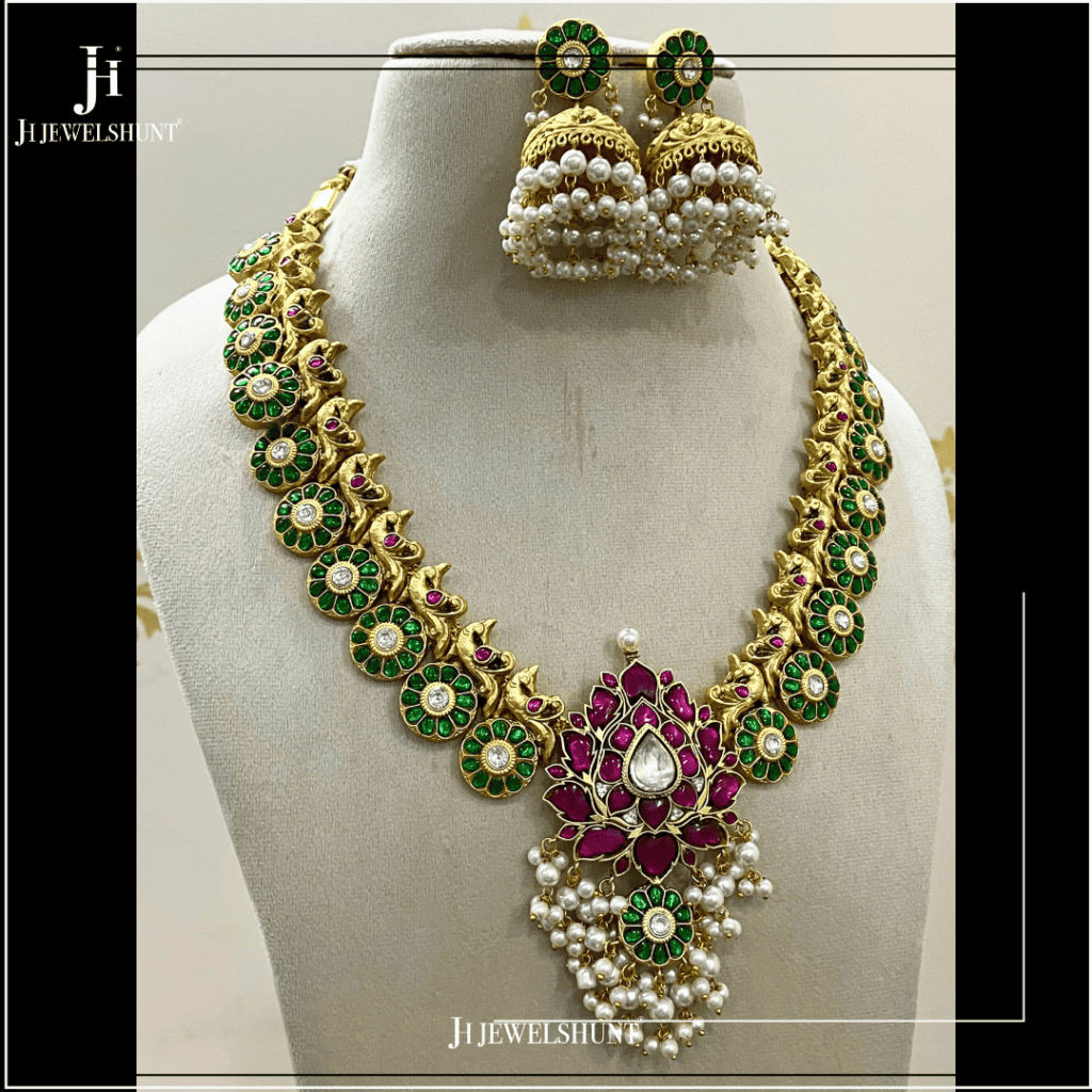 Kundan jadau lotus necklace with earrings - Image 2