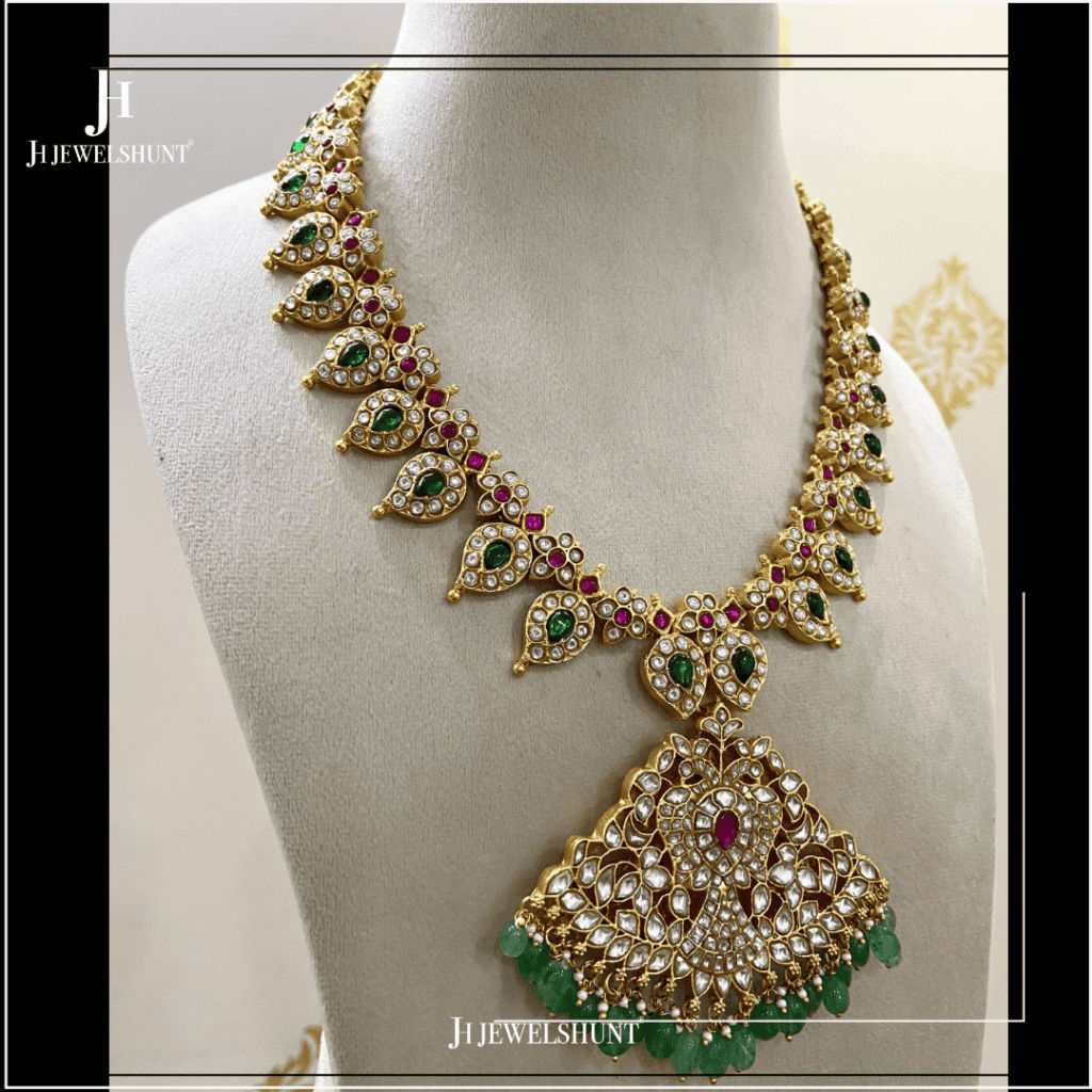 White Kundan jadau long mango haram with earrings - Image 2