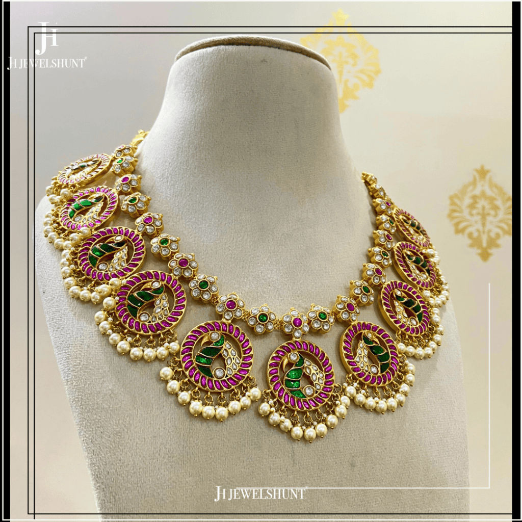 Kundan Peacock bridal necklace with earrings - Image 2