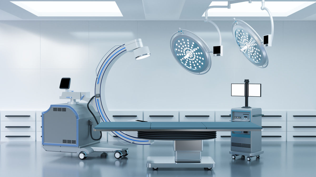 clean operating room with C arm and medical equipment, 3d illust