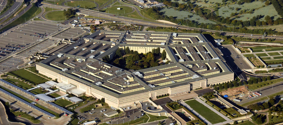 US Pentagon in Washington DC building looking down aerial view from above