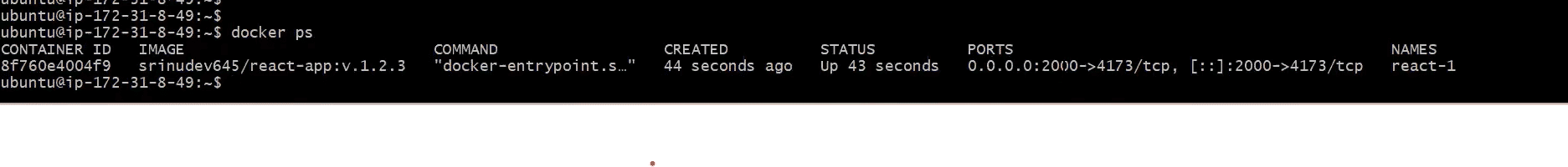 docker ps output on AWS EC2 showing the React app container up and running with port mapping 0.0.0.0:2000 to container port 4173