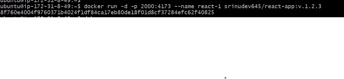 docker run command on AWS EC2 Ubuntu terminal starting a React app container in detached mode with port mapping 2000:4173