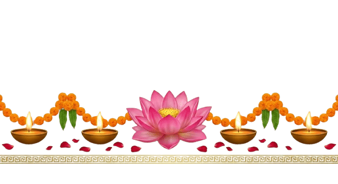Hindu pooja decoration with lotus flower, lit brass diyas and marigold garlands