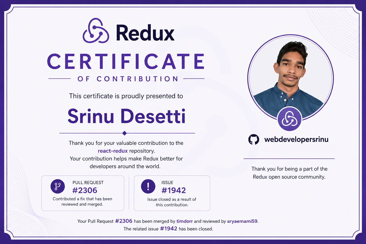 React Redux contribution certificate