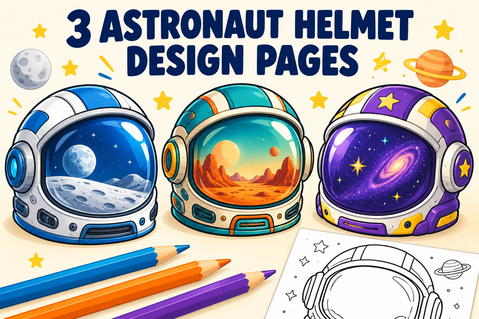 3 Astronaut Helmet Design Pages cover with three colorful space helmets and pencils.